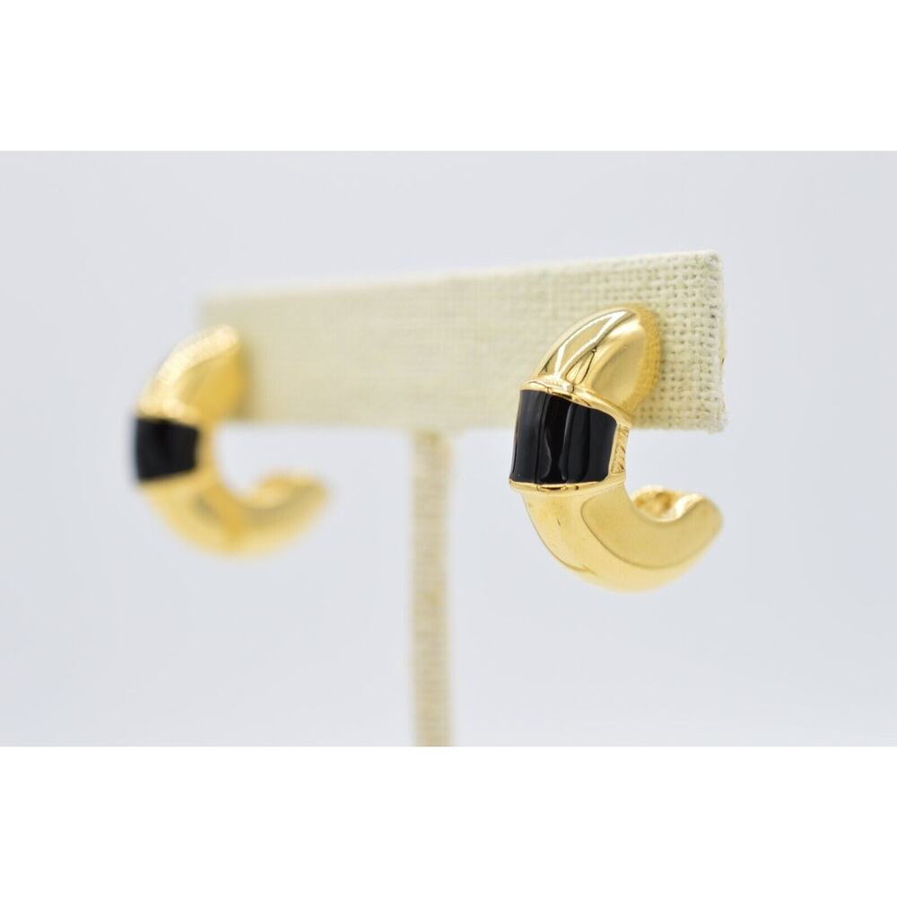Givenchy Vintage Earrings Black Enamel Chunky Hoop Heavy Gold Signed 1980s 9C - Picture 2 of 11